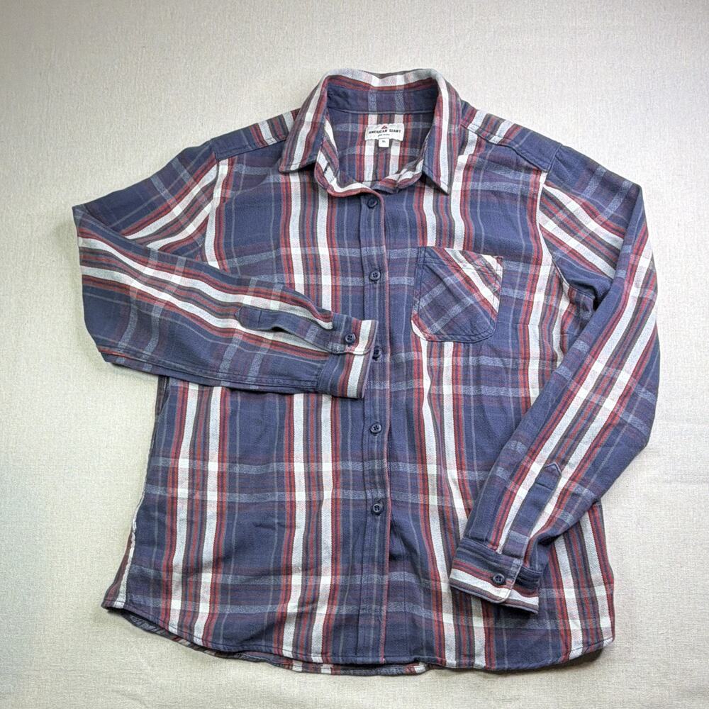 American Giant Mens Button-Up Shirt - Size XL - Blue/Red/White Plaid Cotton